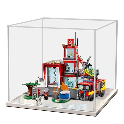 HCAEIOFJ Transparente Acryl-Vitrine für Lego City 60320, anwendbar für Feuerwehrstation, Spielzeug-Schaukasten, Geschenk (nur Vitrine) (weiße Unterseite) von HCAEIOFJ