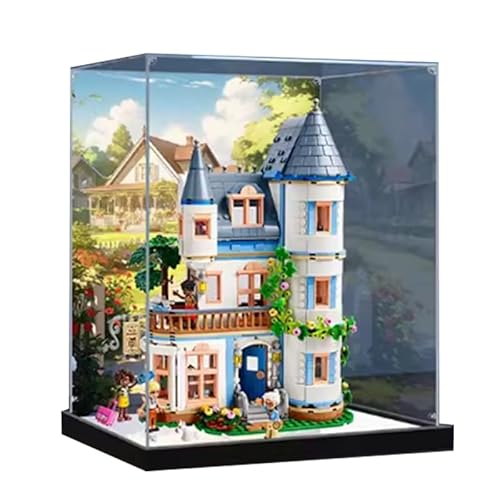 HCAEIOFJ Transparente Acryl-Vitrine für Lego Friends 42638, anwendbar für Schloss Bed and Breakfast Hotel, Spielset, Schaukasten, Geschenk (nur Vitrine) (schwarze Unterseite + Hintergrund) von HCAEIOFJ