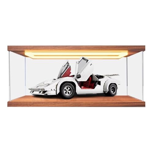 HCAEIOFJ Transparente Acryl-Vitrine für Lego-Icons 10337, anwendbar für Lamborgiini-Sportwagen, entworfene Displaybox, Geschenk (nur Vitrine) (Nussbaum unten + oberes Licht) von HCAEIOFJ