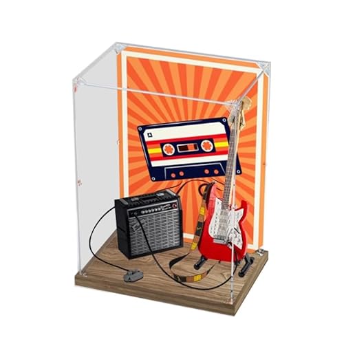 HCAEIOFJ Transparente Acryl-Vitrine für Lego Ideas 21329, anwendbar für Fender Stratocaster Set, Schaukasten, Geschenk (nur Vitrine) (Holz unten + Hintergrund1) von HCAEIOFJ