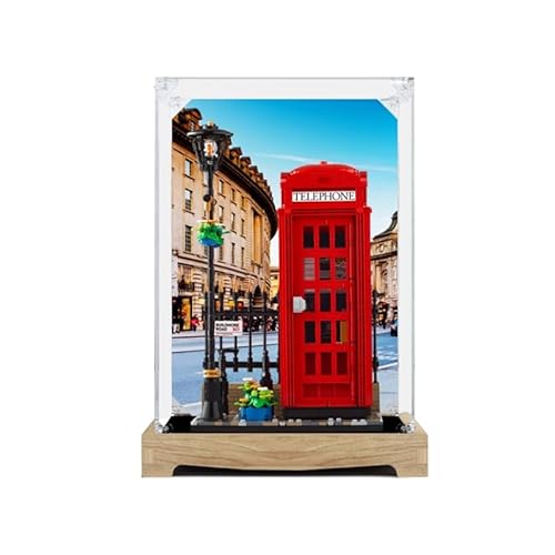 HCAEIOFJ Transparente Acryl-Vitrine für Lego Ideas 21347, anwendbar für rote Londoner Telefonzelle und Displaybox, Geschenk (nur Vitrine) (Holzboden + Hintergrund 1) von HCAEIOFJ