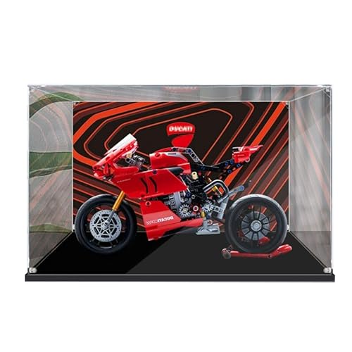 HCAEIOFJ Transparente Acryl-Vitrine für Lego Technic 42107, anwendbar für Ducati Panigale V4 R Motorrad, Displaybox, Geschenk (nur Vitrine) (schwarze Unterseite + Hintergrund 2) von HCAEIOFJ