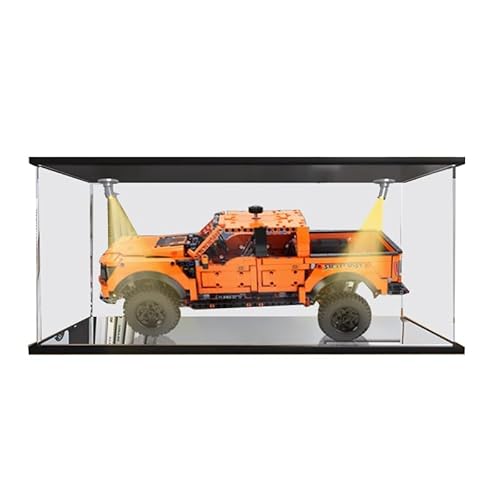 HCAEIOFJ Transparente Acryl-Vitrine für Lego Technic 42126, anwendbar für Ford F-150 Raptor Pickup Truck, Design-Displaybox, Geschenk (nur Vitrine) (schwarze Unterseite + gelbes Licht) von HCAEIOFJ