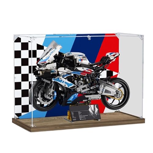 HCAEIOFJ Transparente Acryl-Vitrine für Lego Technic 42130, anwendbar für M 1000 RR Motorrad-Hubschrauber, entworfene Displaybox, Geschenk (nur Vitrine) (Holzboden + Hintergrund) von HCAEIOFJ