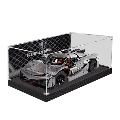 HCAEIOFJ Transparente Acryl-Vitrine für Lego Technic 42173, anwendbar für Koenigsegg Jesko Absolut Grey Rennwagen-Präsentationsbox, Geschenk (nur Vitrine) (schwarze Unterseite + Hintergrund) von HCAEIOFJ