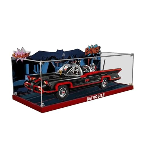 HCAEIOFJ Transparente Acryl-Vitrine für LegoBatman 76328, anwendbar für die klassische TV-Serie Batmobil-Set, Schaukasten, Geschenk (nur Vitrine) (schwarze Unterseite + Hintergrund 1) von HCAEIOFJ