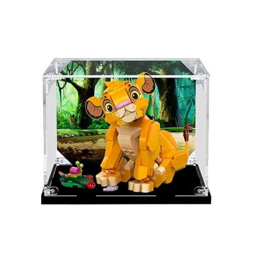 HCAEIOFJ Transparente Acryl-Vitrine für LegoDisne 43243, anwendbar für Simba, das König der Löwen Junges, entworfene Displaybox, Geschenk (nur Vitrine) (schwarze Unterseite + Hintergrund1) von HCAEIOFJ