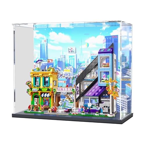 HCAEIOFJ Transparente Acryl-Vitrine für LegoFriends 41732, anwendbar für Blumen- und Designgeschäfte in der Innenstadt, Geschenkbox, Geschenk (nur Vitrine) (schwarze Unterseite + Hintergrund) von HCAEIOFJ