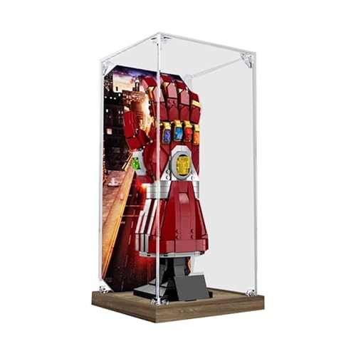 HCAEIOFJ Transparente Acryl-Vitrine für LegoMarveIron Man 76223, anwendbar für Nano-Handschuh-Displaybox, Geschenk (nur Vitrine) (Holzboden + Hintergrund) von HCAEIOFJ