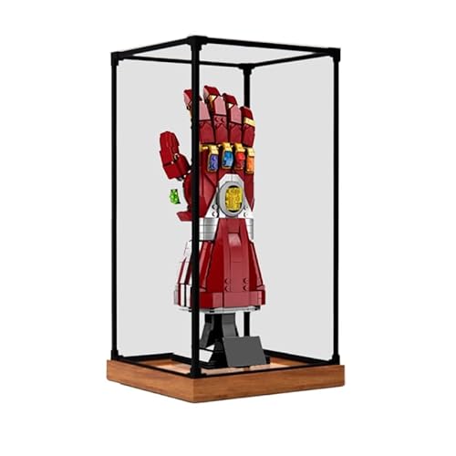 HCAEIOFJ Transparente Acryl-Vitrine für LegoMarveIron Man 76223, anwendbar für Nano-Handschuh-Displaybox, Geschenk (nur Vitrine) (Holzboden + Rand aus Legierung) von HCAEIOFJ