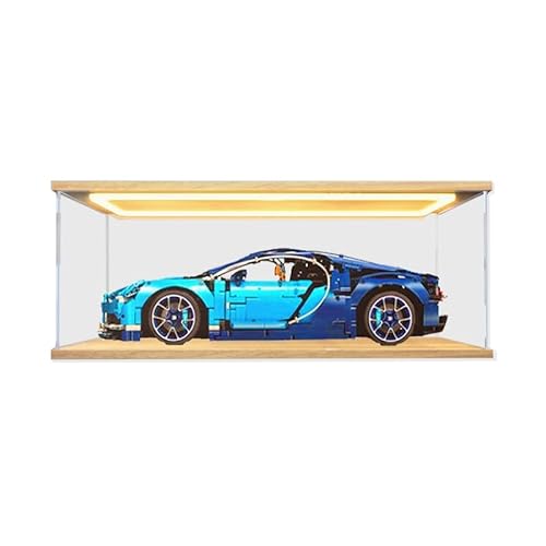 HCAEIOFJ Transparente Acryl-Vitrine für LegoTechnic 42083, anwendbar für Bugatti Chiron Set, Schaukasten, Geschenk (nur Vitrine) (Holzboden + Licht) von HCAEIOFJ