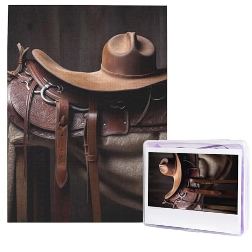 500-teiliges Puzzle für Erwachsene, anspruchsvolles Puzzle, Pferdesattel mit Cowboyhut, wildes Fotopuzzle, Geschenke, Familienpuzzle, Spielzeug, Holzpuzzle, personalisiertes Bild, Puzzle, 51,8 x 38,1 von HCBPWVQA