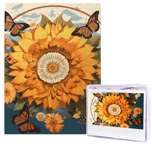 500-teiliges Puzzle für Erwachsene, herausforderndes Puzzle, Sonnenblume umgeben von Schmetterlingen, Fotopuzzle, Geschenke, Familienpuzzle, Spielzeug, Holzpuzzle, personalisiertes Bild, Puzzle, 51,8 von HCBPWVQA