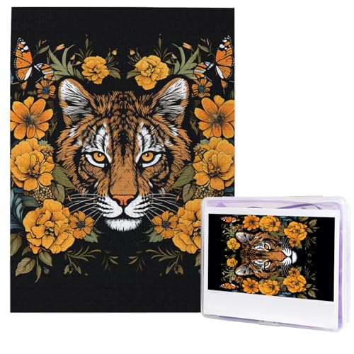 500-teiliges Puzzle für Erwachsene, herausforderndes Puzzle, Tiger und Sonnenblume auf schwarzem Hintergrund, Fotopuzzle, Geschenke, Familienpuzzle, Spielzeug, Holzpuzzle, personalisiertes Bild, von HCBPWVQA