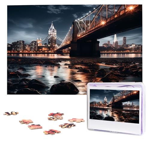 Brücke bei Nacht Puzzles 1000 Teile, personalisiertes Puzzle, Foto-Puzzle für Erwachsene, anspruchsvolles Bilderpuzzle mit Aufbewahrungstasche, Puzzles für Männer und Frauen, Heimdekoration (74,9 x 50 von HCLYvexiria