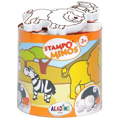 Aladine 3085100, Stempelset Minos Safari Savanne, inkl. 10 Stempel und 1 Stempelkissen, kreativer Stempelspaß für Kinder ab 3 Jahren, Nicht zutreffend, Large von Aladine