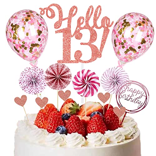 HCRXVV 13.Tortendeko Geburtstag Mädchen Rosa 13 Happy Birthday Tortendeko Cake Topper mit Papierfächer für 13th Geburtstag Party Kuchen Deko Rosa(12Stück) von HCRXVV