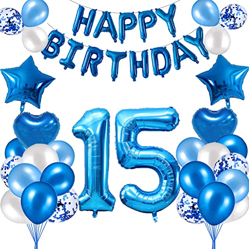 HCRXVV 15. Geburtstag Dekoration Blau 15 Jahr Jungen Geburtstagsdeko Set,Blaue Happy Birthday Girlande Banner Folienballon Jungen Party Deko Geburtstag Party für Wohnzimmer,Luftballons Zahl 15 Blau HCRXVV 15. Geburtstag Dekoration Blau 15 Jahr Jungen Geburtstagsdeko Set,Blaue Happy Birthday Girlande Banner Folienballon Jungen Party Deko Geburtstag Party für Wohnzimmer,Luftballons Zahl 15 Blau von HCRXVV