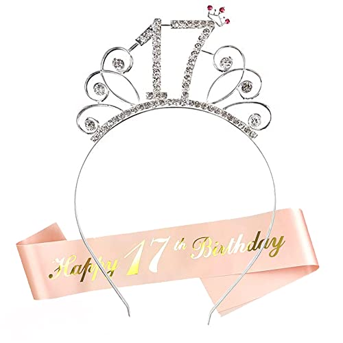 HCRXVV Geburtstagskrone Schärpe Set Mädchen Roségold Kristall Kronen Passend für Birthday Girl,Krone Schärpe für 17. Geburtstag Mädchen Deko Geschenk Prinzessin Haar-Zusätze für Girl Kinder Party von HCRXVV