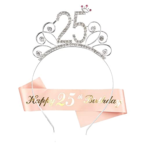 HCRXVV 25.Geburtstagskrone Schärpe Junggesellinnenabschied Set für 25 jahre Geburtstag Mädchen Deko,Kristall Kronen Haar-Zusätze Roségold Happy Birthday Geschenk für Frau Frauen von HCRXVV