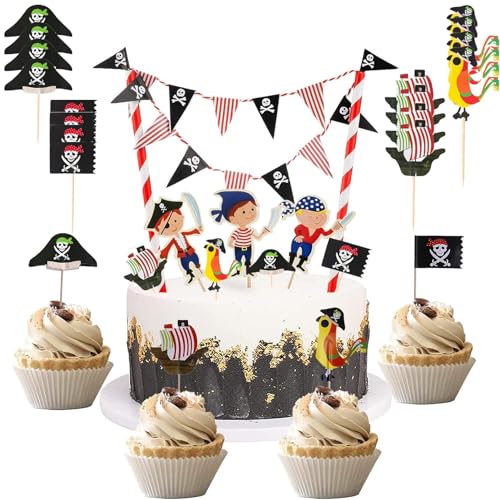 HCRXVV Piraten Tortendeko Piratenparty Kindergeburtstag Cake Topper,Wimpelkette Piratenschiff Kuchen Deko Piraten Style Muffin Deko für Baby Kinder Junge, Halloween, Abschlussfeier Tortenstecker von HCRXVV