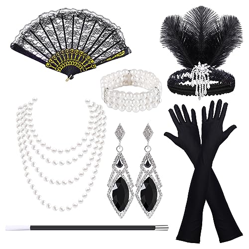 HCSSZ 7 Stück 20er jahre kostüm damen,1920er Flapper Great Gatsby Accessoires Set mit Stirnband,Armband, Spitzenfächer,Handschuhen,Halskette,Ohrringe für Karneval,Halloween,Weihnachten HCSSZ 7 Stück 20er jahre kostüm damen,1920er Flapper Great Gatsby Accessoires Set mit Stirnband,Armband, Spitzenfächer,Handschuhen,Halskette,Ohrringe für Karneval,Halloween,Weihnachten von HCSSZ