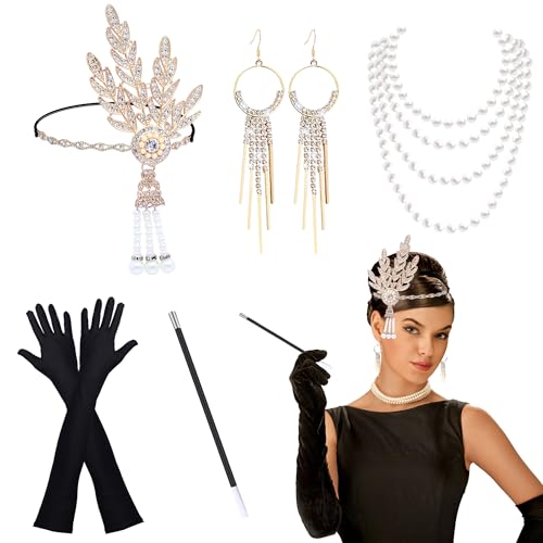 HCSSZ 20er Jahre Kostüm Accessoires Damen,1920er Flapper Great Gatsby Accessoires Set mit Stirnband, Handschuhen, Halskette,Ohrringe für Karneval Halloween von HCSSZ