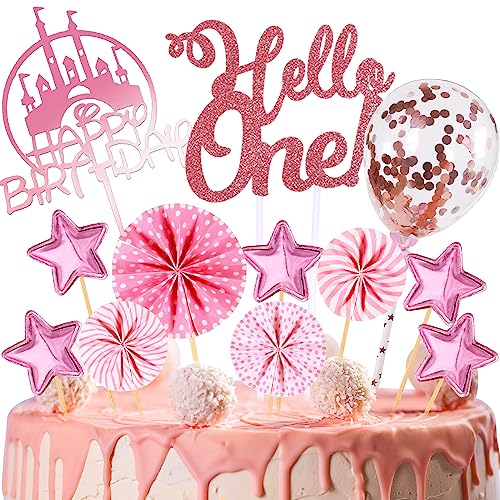 Tortendeko Geburtstag, Happy Birthday jahre Kuchendeko junge mädchen, Cake Topper, Cupcake Topper mit Sternen Konfetti-Luftballons und Papierfächer für Geburtstag (1, Roségold) von HCSSZ