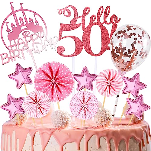 HCSSZ Tortendeko Geburtstag,Happy Birthday 50 Jahre Kuchendeko Frauen,50. Cake Topper,Cupcake Topper mit Sternen Konfetti-Luftballons und Papierfächer für 50 Geburtstag von HCSSZ