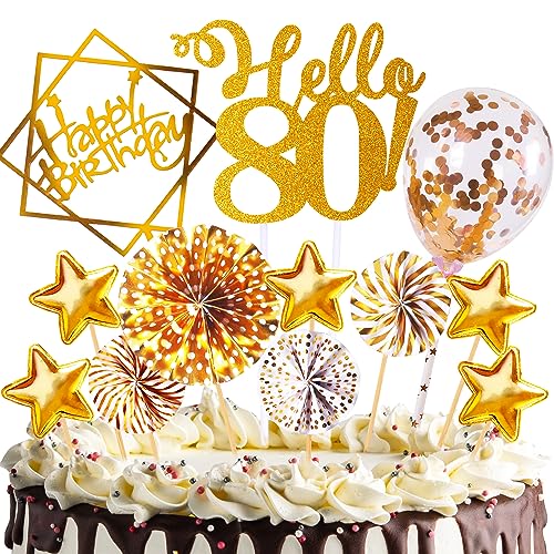 HCSSZ Tortendeko Geburtstag,Happy Birthday 80 Jahre Kuchendeko Frauen Männer,80. Cake Topper,Cupcake Topper mit Sternen Konfetti-Luftballons und Papierfächer für 80 Geburtstag von HCSSZ