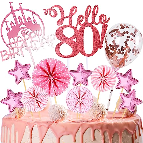 Tortendeko Geburtstag,Happy Birthday 80 jahre Kuchendeko Frauen Männer,80. Cake Topper,Cupcake Topper mit Sternen Konfetti-Luftballons und Papierfächer für 80 Geburtstag von HCSSZ