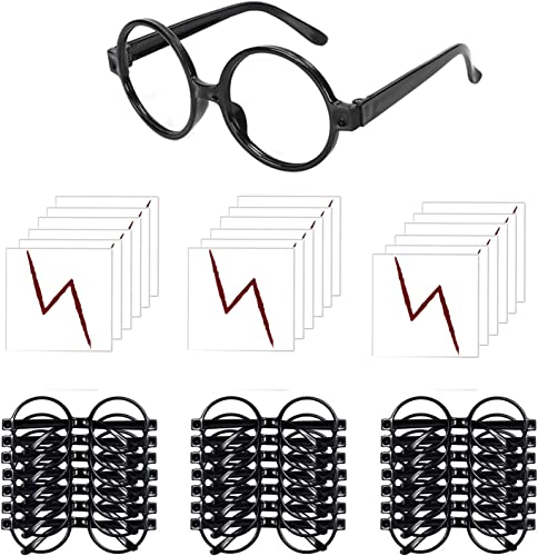 HCSUI 20 Stück Zauberer Brille Kinder Wizard Gläser Schwarz Runde Brillenrahmen mit 20 Blitz Tattoos für kinder Halloween party Kostüm, St. Patrick's Day, Kostümparty deko von HCSUI