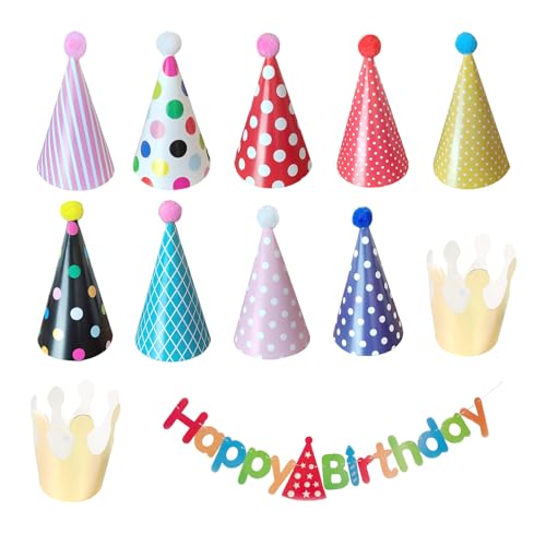 HDGSAFD 11 Geburtstagsparty-Hüte-Set Mit 1 Zugfahne, Geburtstagshut-Zubehör-Set, Kegelförmige Partyhüte, Plüschball-Geburtstagshüte, Geburtstagsparty-Dekoration, Zugflaggen von HDGSAFD