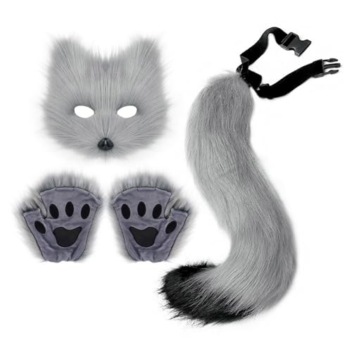 HDKEAN Halloween-Füchse Cosplay-Set mit Plüsch-Füchsen, Schwanzhandschuhen, Tierkostüm für Kinder, Erwachsene, Cosplay, Katzen, Maske für Kinder, Katzen, Maske für Kinder, 3-teilig von HDKEAN