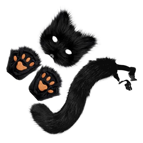 HDKEAN Halloween-Füchse Cosplay-Set mit Plüsch-Füchsen, Schwanzhandschuhen, Tierkostüm für Kinder, Erwachsene, Cosplay, Katzen, Maske für Kinder, Katzen, Maske für Kinder, 3-teilig von HDKEAN