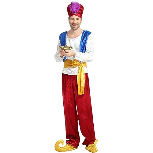 HDKEAN Halloween-Kostüm für Damen und Herren, arabisches Kostüm, Mittlerer Osten, Dubai-Kleidung, Kopfschmuck, langer Robe, Schleier, bauchfreies Top, Hose, Cosplay-Outfits, Halloween-Kostüm von HDKEAN