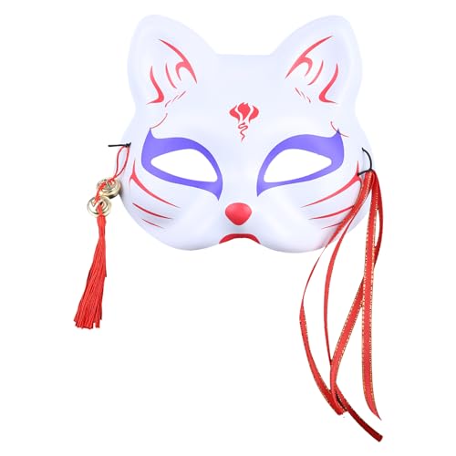 HDKEAN Japanische Tiermaske für Katze, halbe Gesichtsmaske mit Quasten, kleine Glocken, handbemalt, Cosplay, Anime, Party, Kostüm, Maskerade, Festival, Facny, Halloween, Halbgesichtsmaske, Sportmaske, von HDKEAN