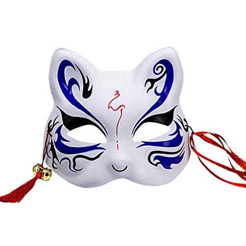 HDKEAN Japanische Tiermaske für Katze, halbe Gesichtsmaske mit Quasten, kleine Glocken, handbemalt, Cosplay, Anime, Party, Kostüm, Maskerade, Festival, Facny, Halloween, Halbgesichtsmaske, Sportmaske, von HDKEAN