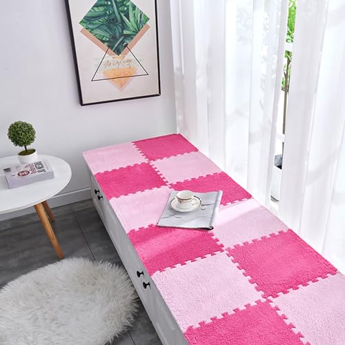 11,8 Zoll ineinander greifende Teppichmatte, Plüsch-Puzzle-Schaumstofffliesen mit Rand, 20-teilige Puzzle-Spielmatte für den Boden, Flächenteppiche (Größe: 0,23 Zoll, Farbe: Rosenrot + Pink) von HDMOZUYT