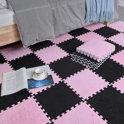 11,8 Zoll ineinander greifende Teppichmatte, Plüsch-Puzzle-Schaumstofffliesen mit Rand, 20-teilige Puzzle-Spielmatte für den Boden, Flächenteppiche (Größe: 0,39 Zoll, Farbe: Schwarz + Pink) von HDMOZUYT