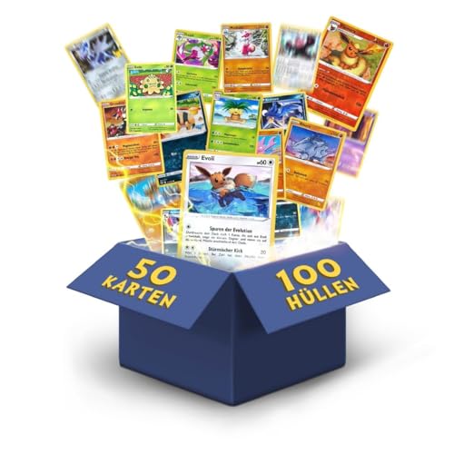 Heartforcards® 50 Original Verschiedene Pokemon Karten | Deutsch | 3X Holo | 3X Rares |1 zufällige Pikachu/EvoIi/Glumanda/Dedenne | Sammelkarten aus aktuellen Sets 100 Hüllen von HEART FOR CARDS