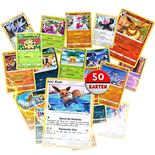 Heartforcards® 50 Original verschiedene Pokemon Karten | Deutsch |1 Booster Pack | 3 Holo | 3 Selten | 1 zufällig Pikachu/Glumanda/EvoIi | Sammelkarten aus aktuelle Sets | für Weihnachten + 100 Hüllen von HEART FOR CARDS