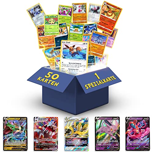 Heartforcards® 50 Original verschiedene Pokemon Karten | Deutsch | 1 V/Ex/Vmax/Vstar | 3X Holo | 3X Selten | 1X zufällige Pikachu/EvoIi | Sammelkarten aus aktuellen Sets | für Weihnachten + 100 Hüllen von HEART FOR CARDS