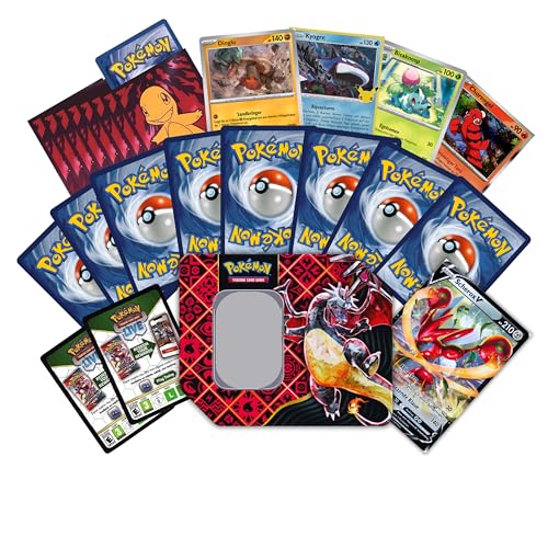 Pokemon MEGA Geschenk Paket | 1 große zufällige Tin Box mit 100 zufälligen Karten | 1 V Karte | 65 Hüllen | 10 Codes | 20 Holo Karten & Zubehör Heartforcards Versandschutz von HEART FOR CARDS