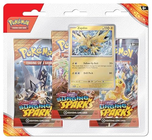 Pokémon Surging Sparks - 3-Pack Blister - Zapdos ENGLISCH + Heartforcards® Versandschutz von HEART FOR CARDS