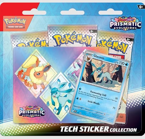 Prismatic Evolutions 1 Random Tech-Sticker-Collection ENGLISCH | Pokémon Karmesin & Purpur | 3 Boosterpacks + Promo-Karte + Tech-Stickerbogen + Heartforcards® Versandschutz von HEART FOR CARDS