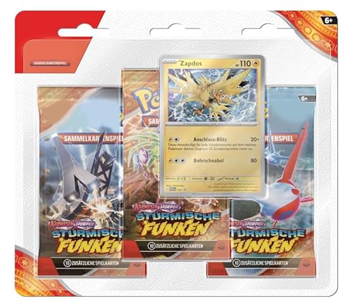 Stürmische Funken: Zapdos | 3er Blister Pack Karmesin & Purpur DEUTSCH | 3X Booster & 1x holografische Promokarte + Heartforcards® Versandschutz von HEART FOR CARDS