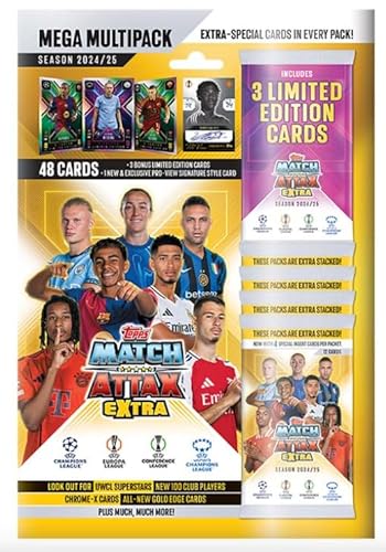 Topps Match Attax EXTRA UEFA Champions League TC 2024/2025 | Mega Multipack | 48 Karten + Limitierte Karten + Signature Style Card + Heartforcards® Versandschutz von HEART FOR CARDS