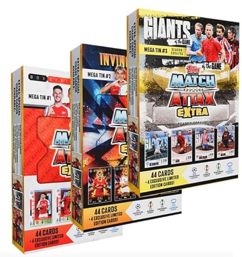 Topps Match Attax EXTRA UEFA Champions League TC 2024/2025 | Mega Tin | 44 Karten + 4 Limitierte Karten + Chance auf Relic-Card + Heartforcards® Versandschutz von HEART FOR CARDS