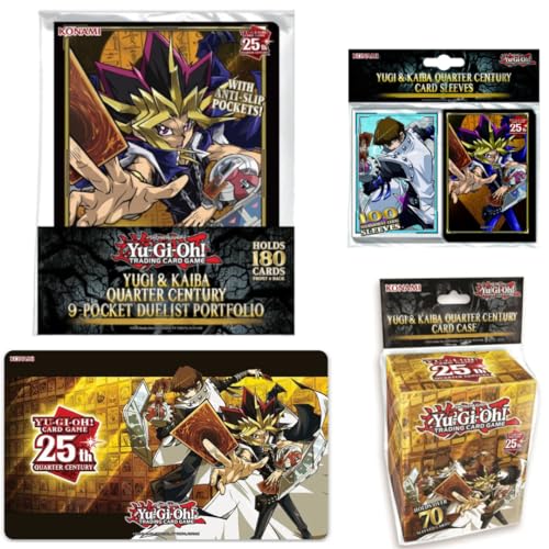 YUGlOH Zubehör Set - Yugi & Kaiba Quarter Century Set mit 9-Pocket Portfolio. Spiel Matte, Kartenhüllen und Karten Deck Box 25 Jahre Jubiläum's Design + Heartforcards Versandschutz von HEART FOR CARDS